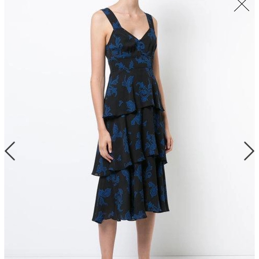 NWT A.L.C Black/Cobalt Women’s 100% Silk Tiered Midi Sleeveless Dress Size 0